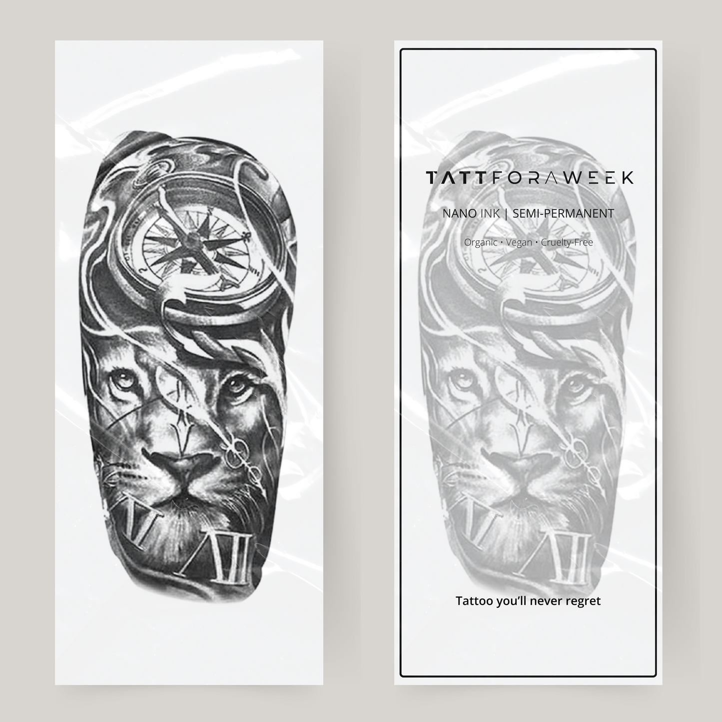 Fake tattoo sleeve lion and clock