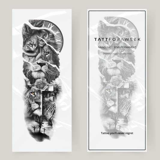 Fake tattoo sleeve lion, faith and clock